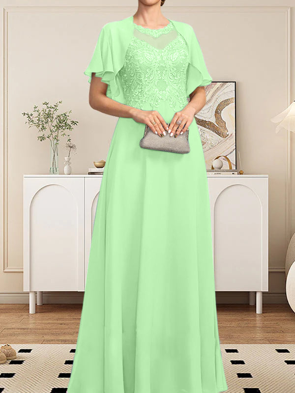 Vestido de gasa con encaje y lentejuelas para madre de la novia, corte A, escote ilusión, largo hasta el suelo