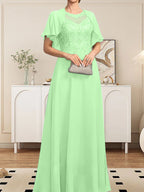 Vestido de gasa con encaje y lentejuelas para madre de la novia, corte A, escote ilusión, largo hasta el suelo