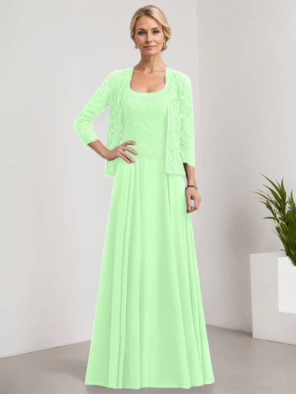Vestido de madre de la novia de gasa con encaje, corte A, largo hasta el suelo, cuadrado y lentejuelas