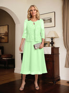 Vestido de gasa con encaje y lentejuelas para madre de la novia, corte A, escote redondo y largo hasta la rodilla