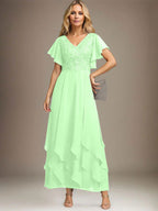 Vestido de gasa con encaje y escote en V hasta los tobillos para madre de la novia con volantes en cascada