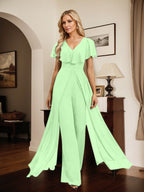 Vestido de noche de gasa con escote en V y largo hasta el suelo, tipo mono/pantalón