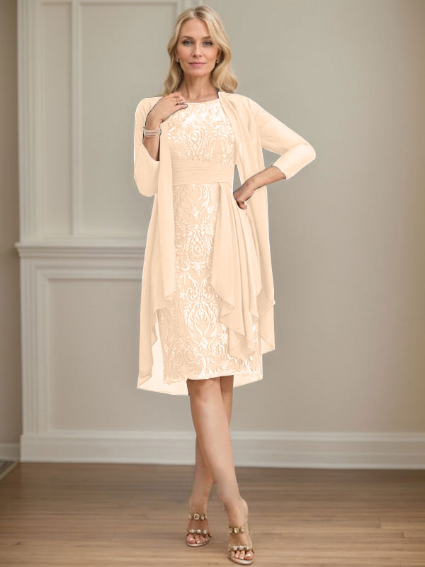 Vestido de madre de la novia de gasa con encaje, escote redondo, ilusión, largo hasta la rodilla, con volantes en cascada y lentejuelas