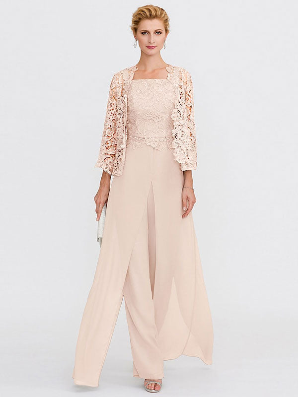 3 Piece Chiffon Square Neck Mother of the Bride Pantsuits with Jacket