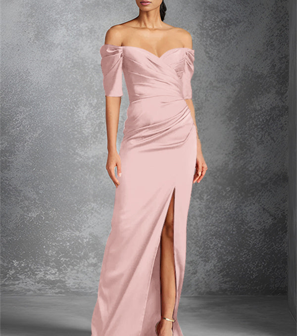 Vestidos para madre de la novia con corte tubo, hombros descubiertos, mangas cortas y largo hasta el suelo con abertura frontal