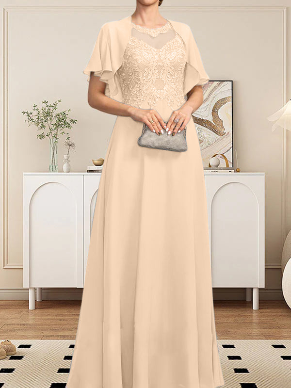 Vestido de gasa con encaje y lentejuelas para madre de la novia, corte A, escote ilusión, largo hasta el suelo