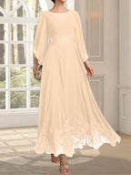 Vestido de gasa con encaje y lentejuelas para madre de la novia, corte A, escote ilusión, largo hasta los tobillos