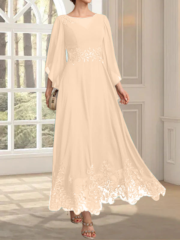Vestido de gasa con encaje y lentejuelas para madre de la novia, corte A, escote ilusión, largo hasta los tobillos