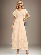 Vestido de gasa con encaje y escote en V hasta los tobillos para madre de la novia con volantes en cascada