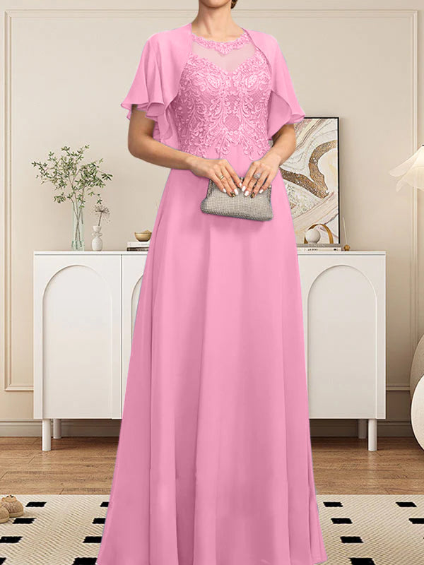 Vestido de gasa con encaje y lentejuelas para madre de la novia, corte A, escote ilusión, largo hasta el suelo