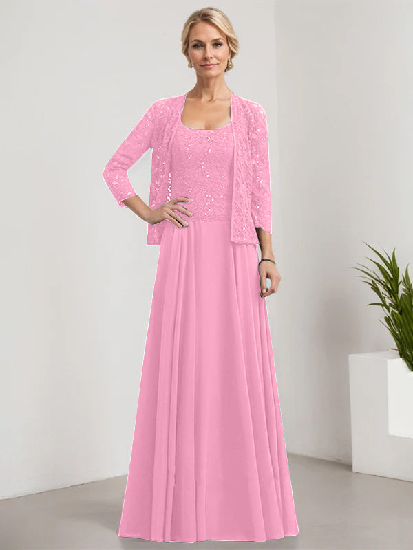 Vestido de madre de la novia de gasa con encaje, corte A, largo hasta el suelo, cuadrado y lentejuelas