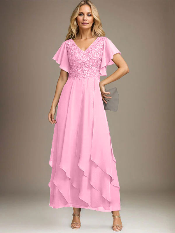 A-line V-Neck Ankle-Length Lace Chiffon Mother of the Bride Dress With Cascading Ruffles