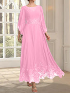 Vestido de gasa con encaje y lentejuelas para madre de la novia, corte A, escote ilusión, largo hasta los tobillos