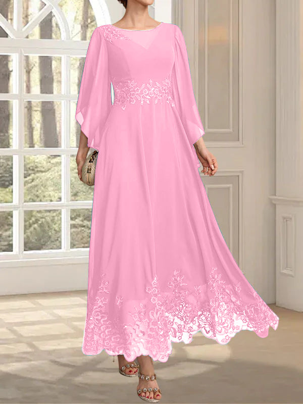Vestido de gasa con encaje y lentejuelas para madre de la novia, corte A, escote ilusión, largo hasta los tobillos