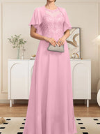 Vestido de gasa con encaje y lentejuelas para madre de la novia, corte A, escote ilusión, largo hasta el suelo