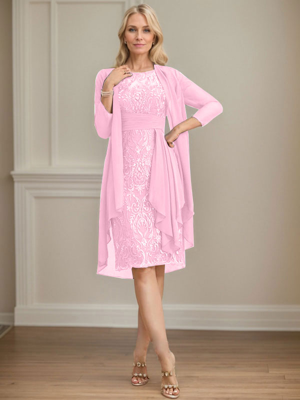 Vestido de madre de la novia de gasa con encaje, escote redondo, ilusión, largo hasta la rodilla, con volantes en cascada y lentejuelas