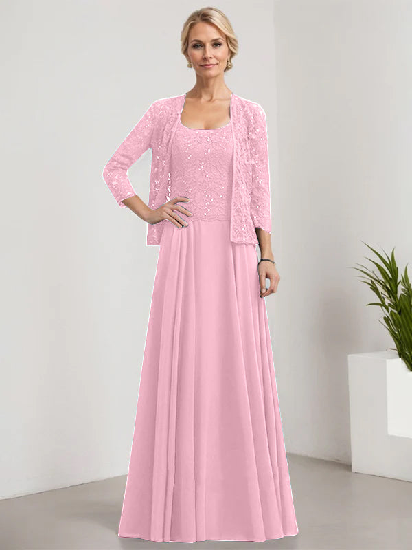 Vestido de madre de la novia de gasa con encaje, corte A, largo hasta el suelo, cuadrado y lentejuelas