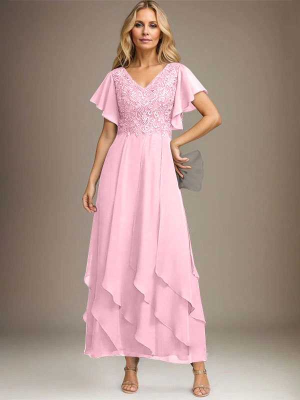 Vestido de gasa con encaje y escote en V hasta los tobillos para madre de la novia con volantes en cascada