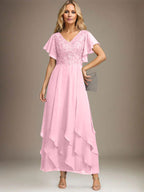 Vestido de gasa con encaje y escote en V hasta los tobillos para madre de la novia con volantes en cascada
