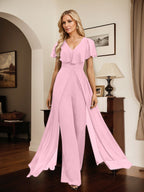 Vestido de noche de gasa con escote en V y largo hasta el suelo, tipo mono/pantalón