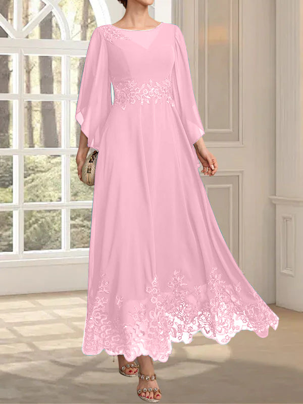 Vestido de gasa con encaje y lentejuelas para madre de la novia, corte A, escote ilusión, largo hasta los tobillos