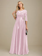 Vestido de madre de la novia de satén elástico con encaje, corte A, escote ilusión, largo hasta el suelo, con lazo y lentejuelas
