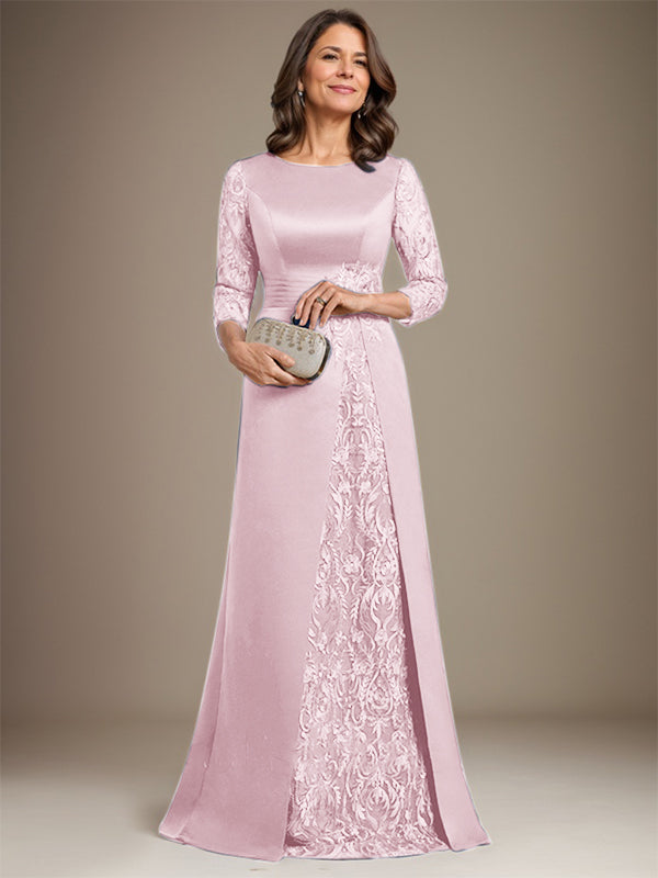 Vestido de madre de la novia de satén con encaje, corte A, largo hasta el suelo y apliques