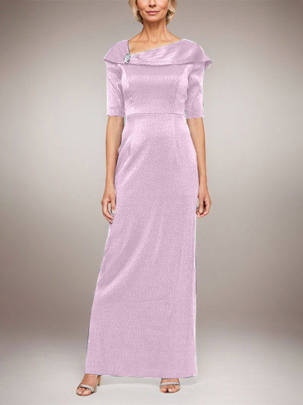 Vestido largo de columna brillante con puños doblados, escote en L y mangas hasta el codo