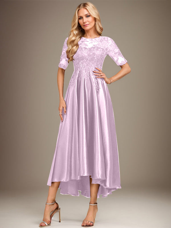 Vestido de madre de la novia de encaje satinado elástico asimétrico con ilusión de escote redondo y lentejuelas
