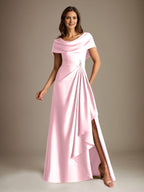 Vestido de madre de la novia de satén elástico, corte A, largo hasta el suelo, con escote redondo y volantes en cascada