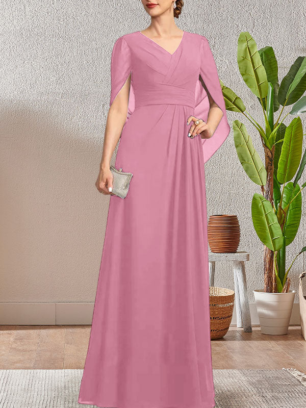 Vestido largo azul marino oscuro con escote en V y corte A para madre de la novia