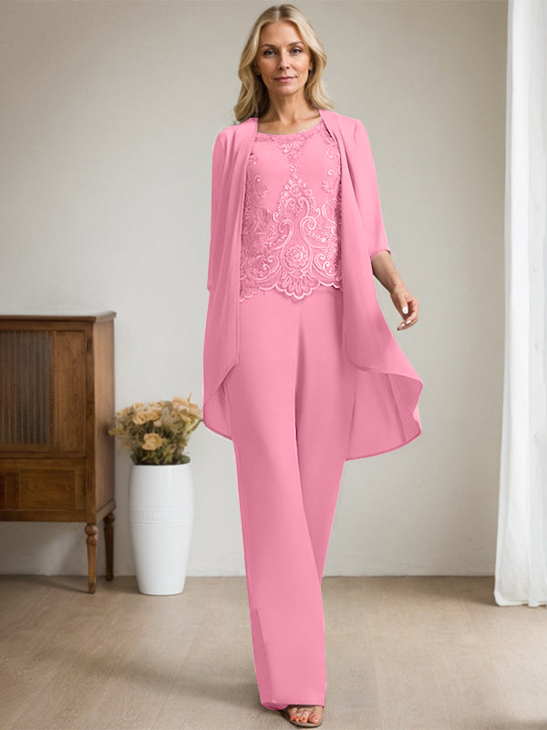 Vestido de madre de la novia de gasa con encaje, escote redondo y lentejuelas y mono/pantalón separado