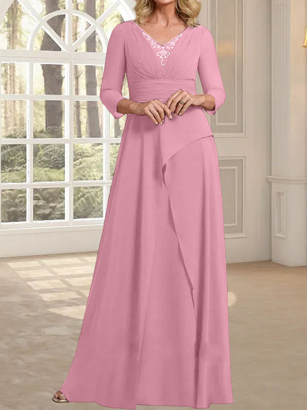 Vestido de gasa para madre de la novia con escote en V, largo hasta el suelo, con pliegues y cuentas