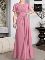 Vestido de gasa para madre de la novia con corte en A, escote redondo y largo hasta el suelo, con cuentas plisadas
