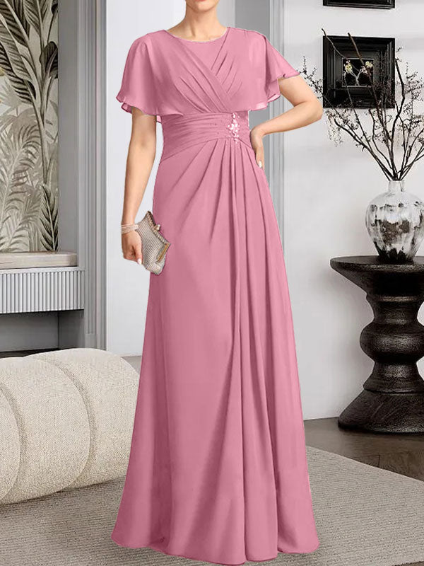 Vestido de gasa para madre de la novia con corte en A, escote redondo y largo hasta el suelo, con cuentas plisadas