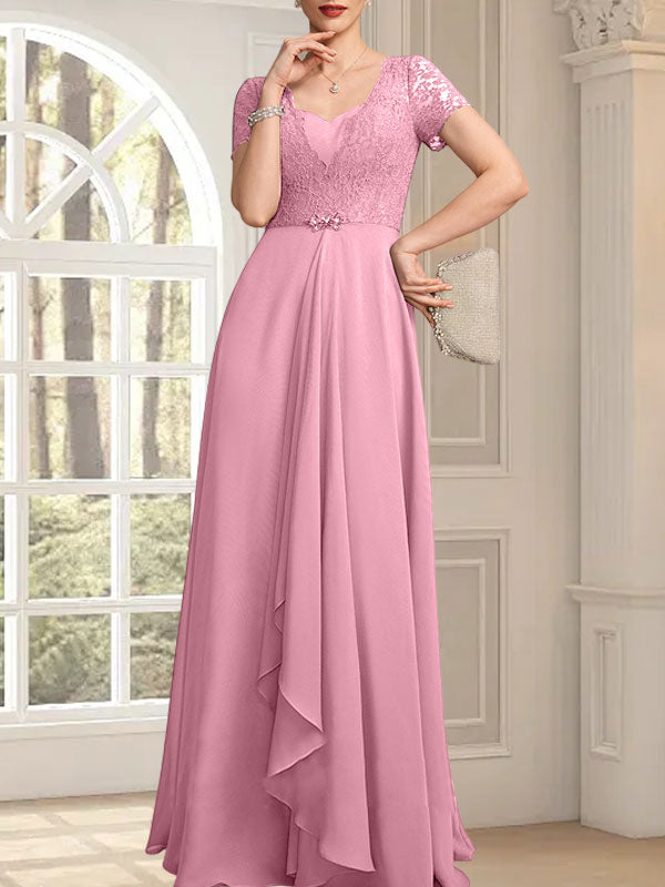 Vestido de madre de la novia de gasa con encaje, corte en A, escote corazón, largo hasta el suelo, con volantes en cascada y cuentas