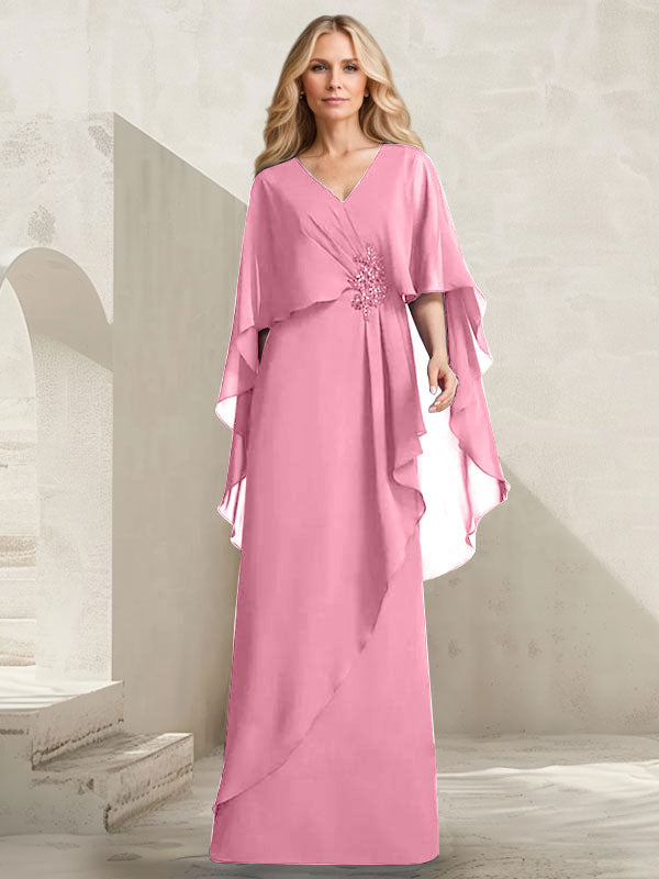 Vestido de gasa para madre de la novia con escote en V, corte A y largo hasta el suelo, con volantes en cascada y cuentas