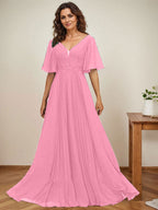 Vestido de gasa para madre de la novia, corte A, escote en V, largo hasta el suelo, con apliques de lentejuelas y encaje plisado