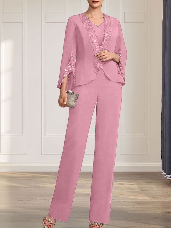 Vestido de gasa para madre de la novia, con escote en V y largo hasta el suelo, de mono/pantalón separado