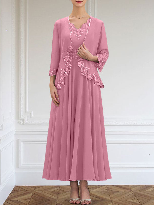 Vestido de gasa para madre de la novia, corte A, escote en V, largo hasta los tobillos, con apliques de lentejuelas, encaje y cuentas