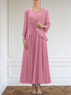 Vestido de gasa para madre de la novia, corte A, escote en V, largo hasta los tobillos, con apliques de lentejuelas, encaje y cuentas