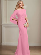 Vestido de madre de la novia de gasa con escote barco, corte trompeta/sirena, largo hasta el suelo, con pliegues