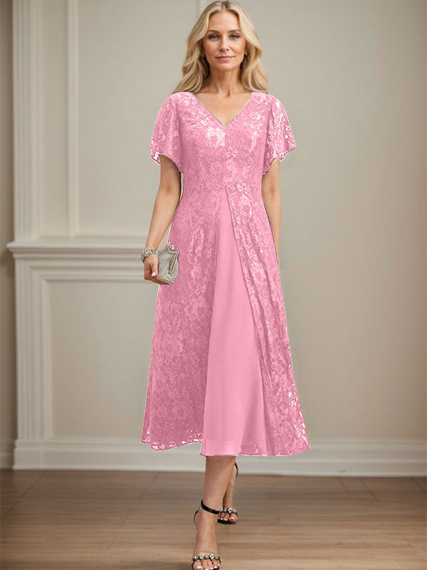 Vestido de gasa con encaje y escote en V para madre de la novia, largo hasta la rodilla