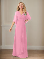A-Linie V-Ausschnitt Lange Pailletten Chiffon Mutterkleid
