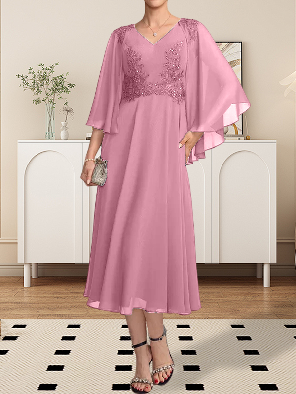 A-Linie V-Ausschnitt Wadenlanges Chiffon-Spitzenkleid für die Brautmutter mit Perlen und Pailletten