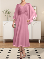 A-Linie V-Ausschnitt Wadenlanges Chiffon-Spitzenkleid für die Brautmutter mit Perlen und Pailletten