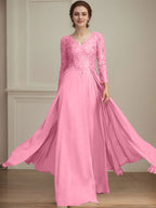 A-Linie V-Ausschnitt Bodenlanges Spitzen-Chiffon-Kleid für die Brautmutter mit Pailletten 