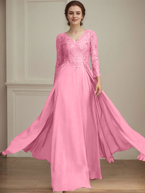 Vestido de madre de la novia de gasa con encaje, escote en V y lentejuelas, largo hasta el suelo