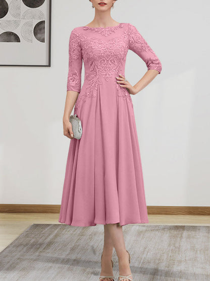 A-line Scoop Illusion Tea-Length Chiffon Lace Mother of the Bride Dress With Beading Sequins