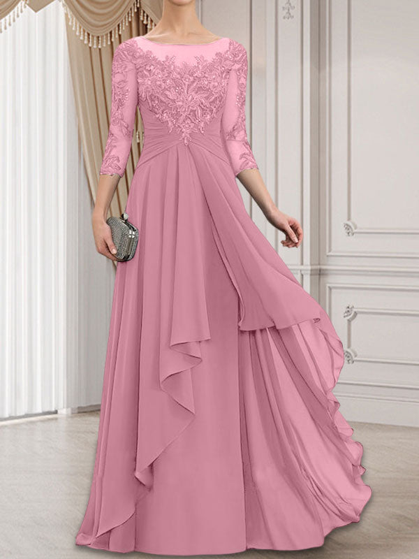 A-line Scoop Illusion Floor-Length Lace Chiffon Mother of the Bride Dress With Cascading Ruffles